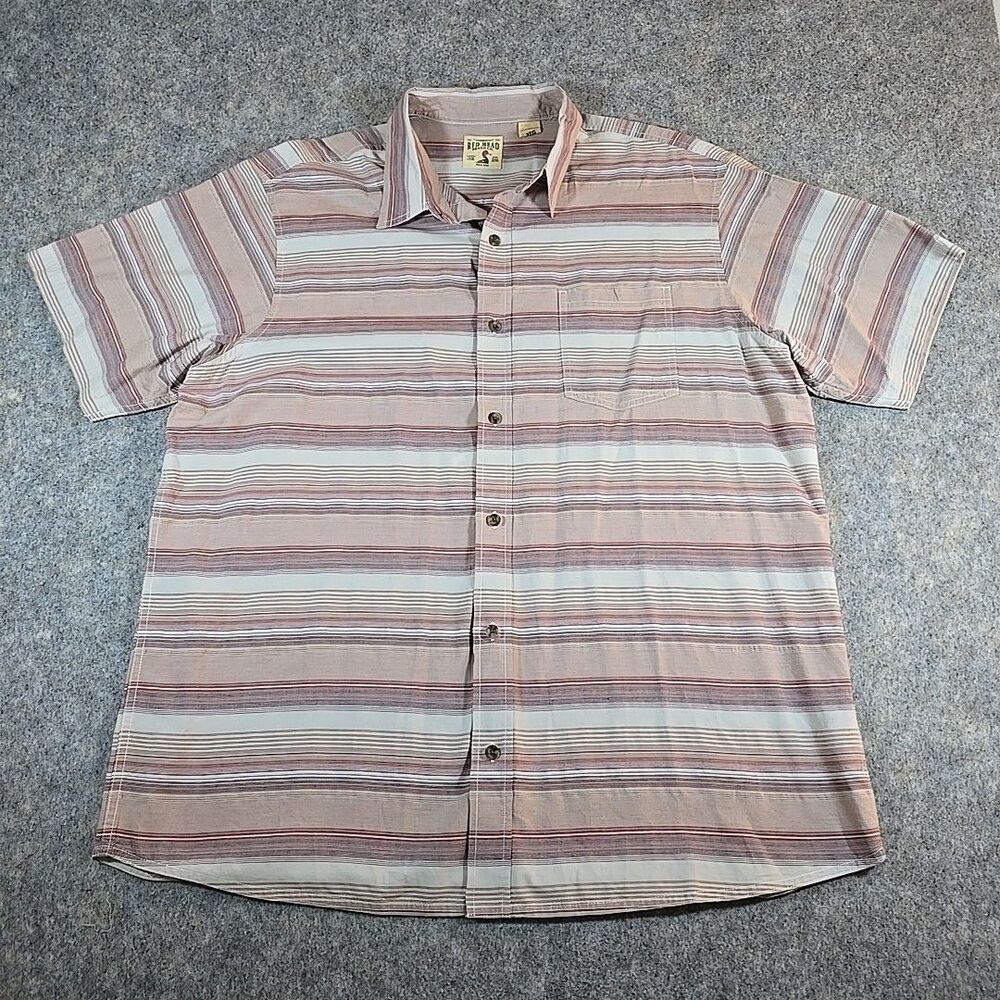 Red Head Brand Co Men's Size 2XL Short Sleeve Button Up Red Gray Stripes Pocket